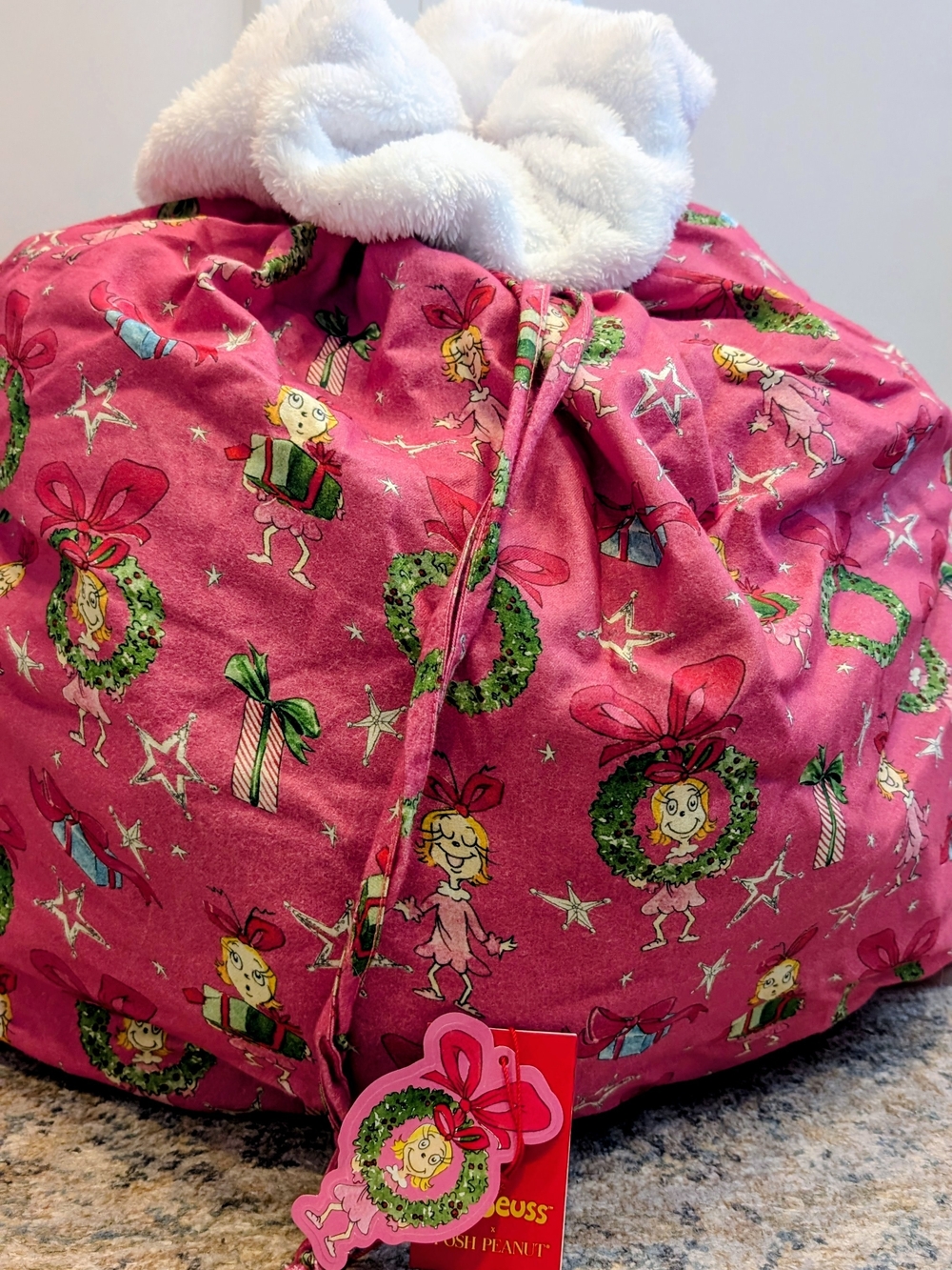 Posh Peanut Grinch Cindy Lou Pink Kids Holiday Santa sack Bag Faux Fur Trim